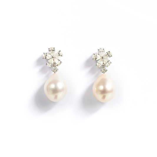 0.97ct Pear Cut Diamond And Pearl Drop Earrings
