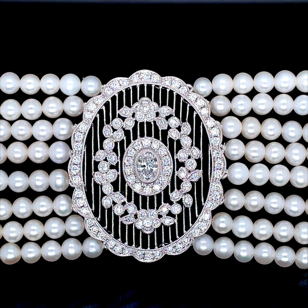 1.83ct Eight Row Pearl Choker Necklace With A Diamond Centre