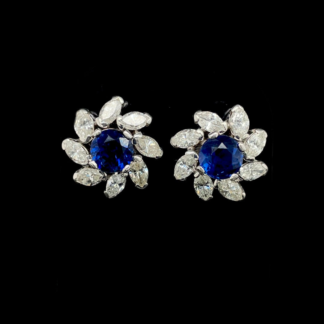 1.14ct Round Sapphire and Marquise Diamond Cluster Earrings