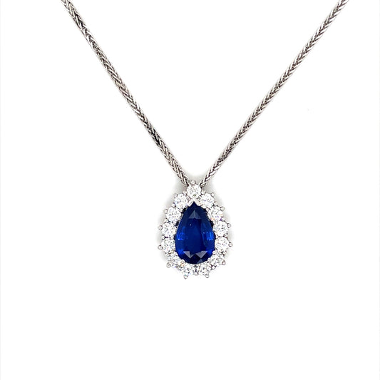 3.46ct Pear Cut Sapphire and Round Diamond Cluster Pendant