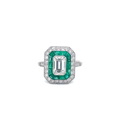 1.00ct Diamond and Emerald Art Deco style Cluster Ring