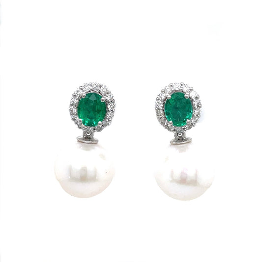 Emerald And Diamond Cluster With A Pearl Drop Earrings