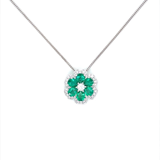 1.40ct Pear Cut Emerald And Round Diamond Cluster Flower Pendant