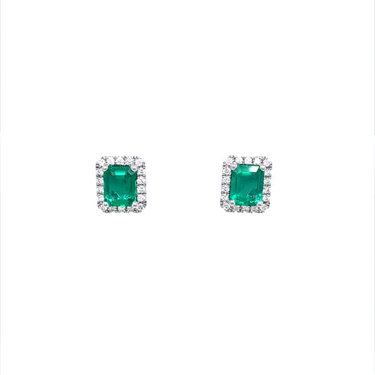 0.87ct Emerald Cut Emerald And Round Diamond Cluster Earrings