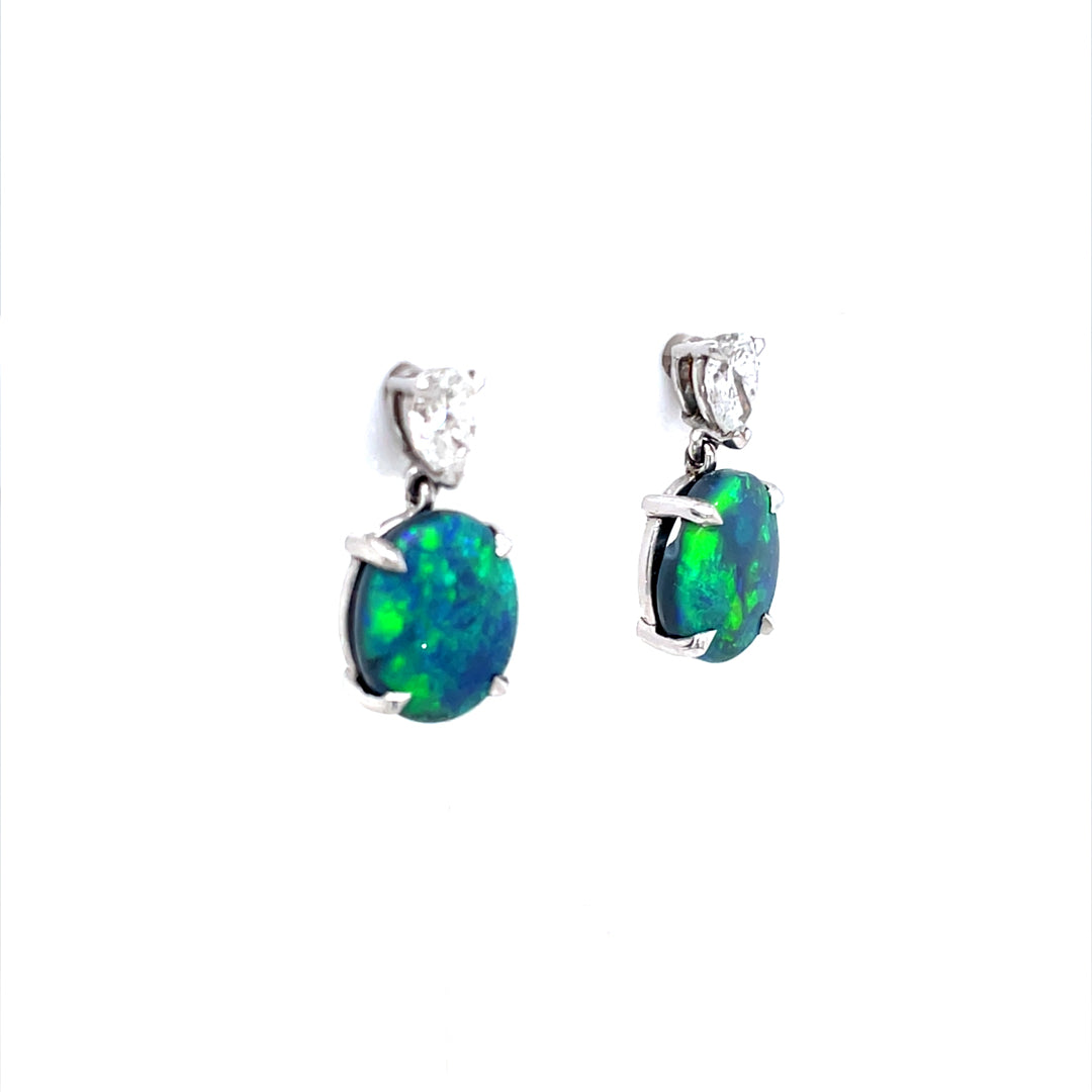 2.65ct Oval Black Opal And Pear Cut Diamond Drop Earrings