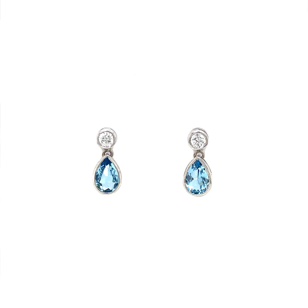 0.69ct Pear Cut Aquamarine And Round Diamond Drop Earrings