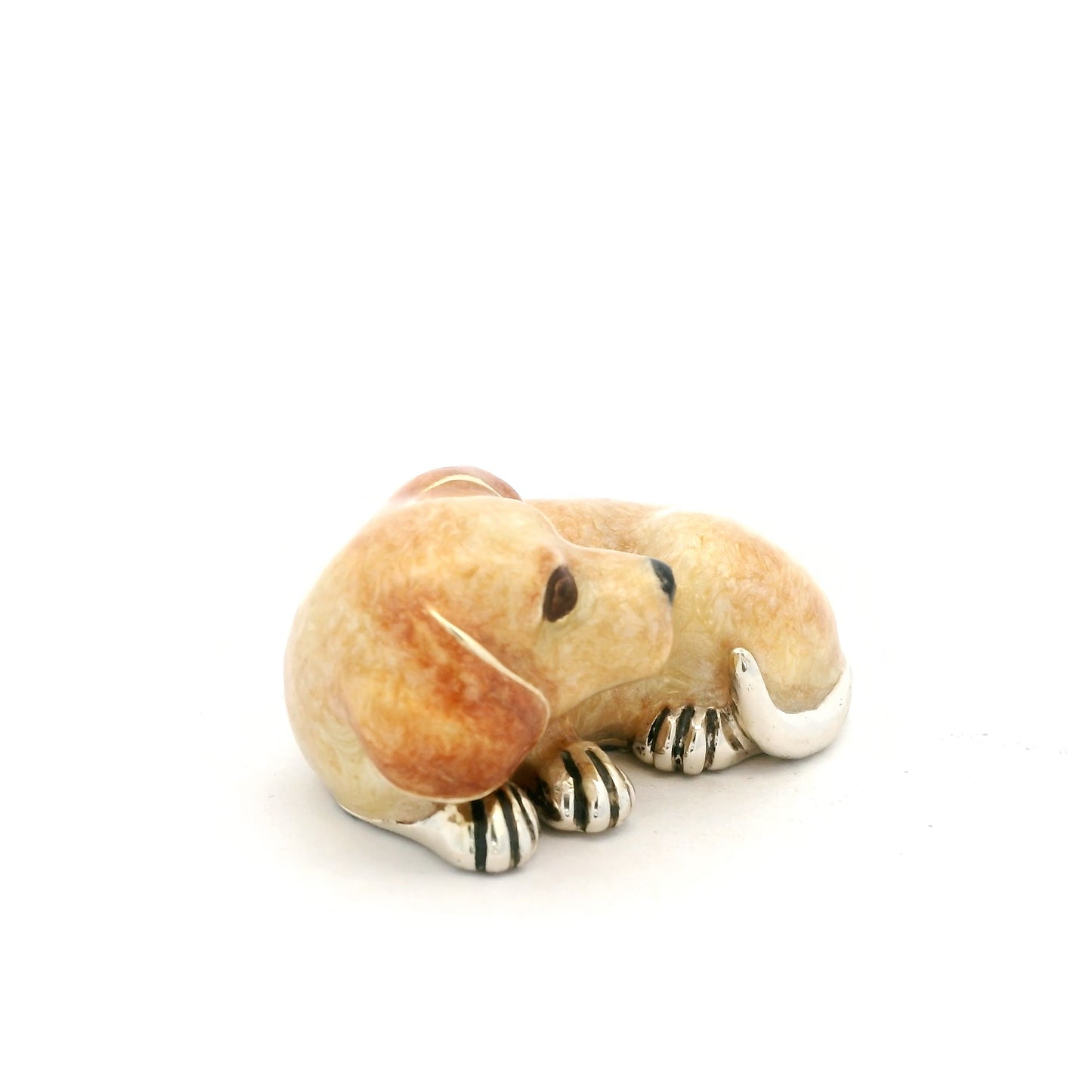 Silver And Enamel Curled Up Puppy Dog
