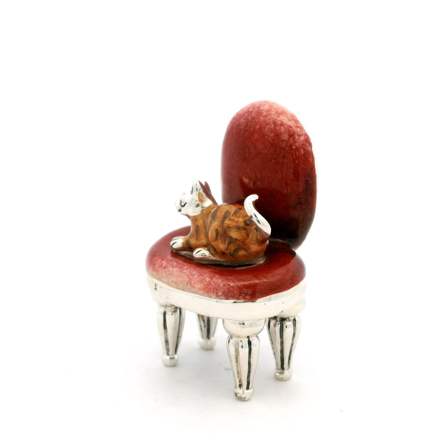 Silver And Enamel Cat Sat On Chair