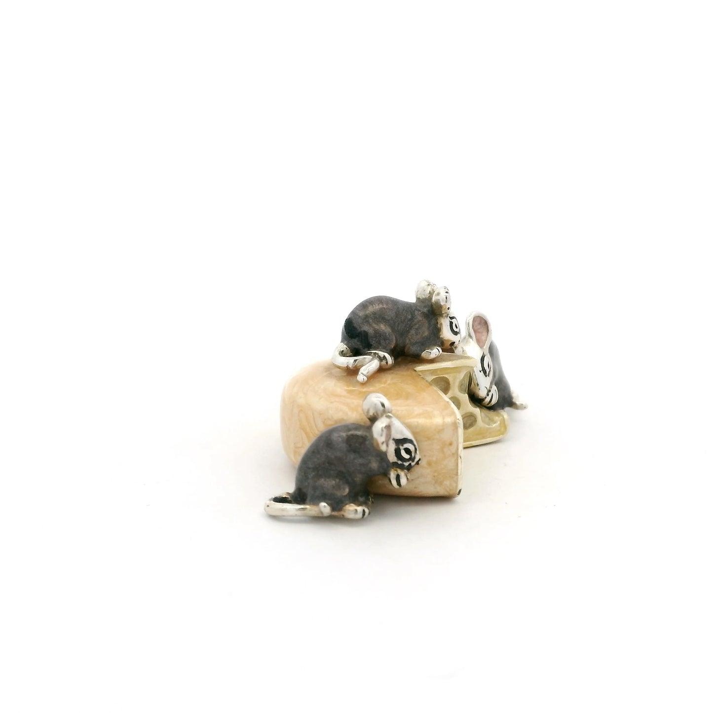 Silver And Enamel Mice Eating Cheese