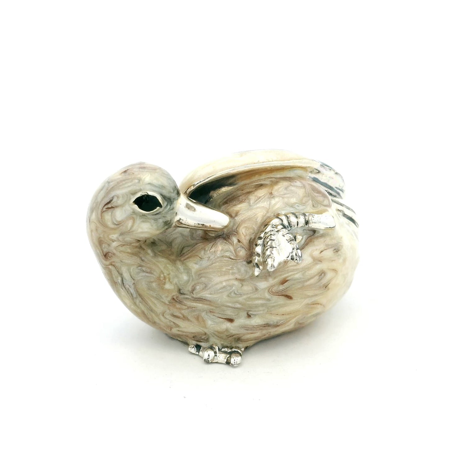 Silver And Enamel Preening Duck