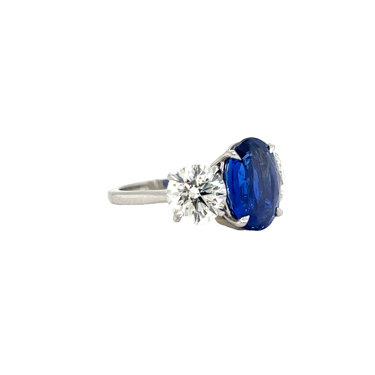 4.82ct Burmese Unheated Oval Sapphire And Round Diamond Three Stone Ring