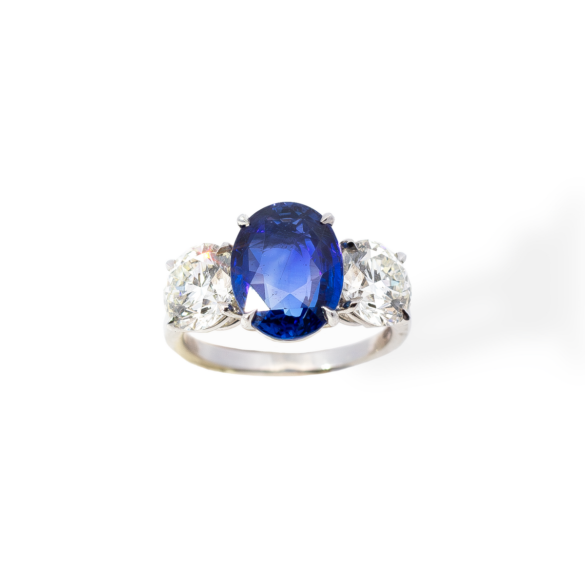 4.82ct Burmese Unheated Oval Sapphire And Round Diamond Three Stone Ring