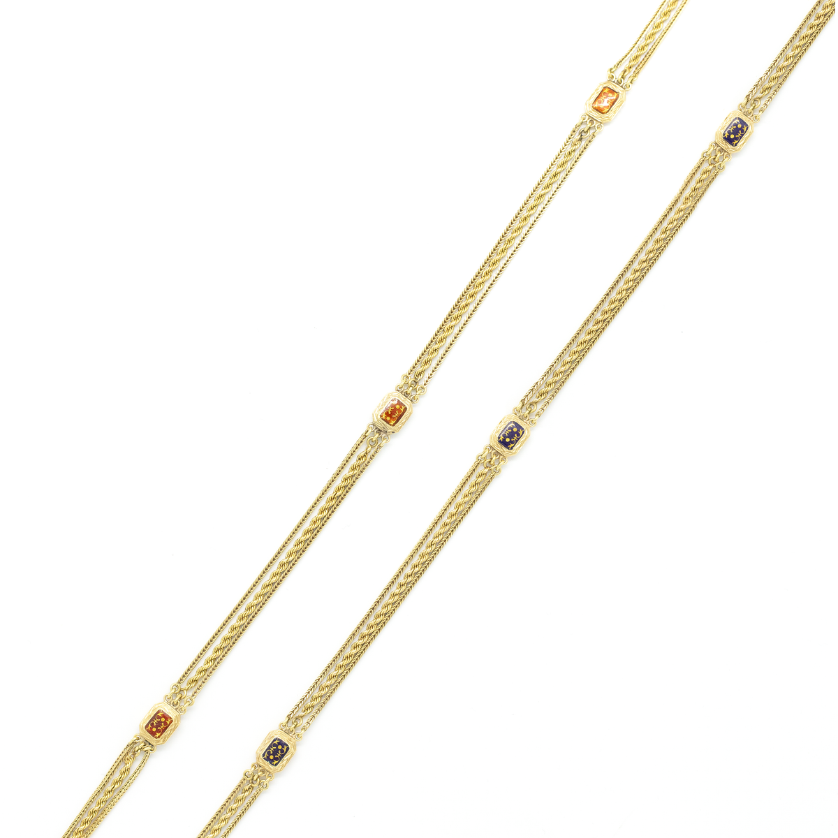 Antique French Yellow Gold And Enamel Spacers Three Row Long Chain Necklace