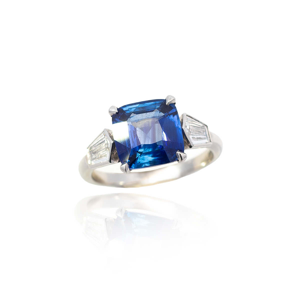 3.75ct Square Cushion Sapphire And Bullet Cut Diamond Three Stone Ring