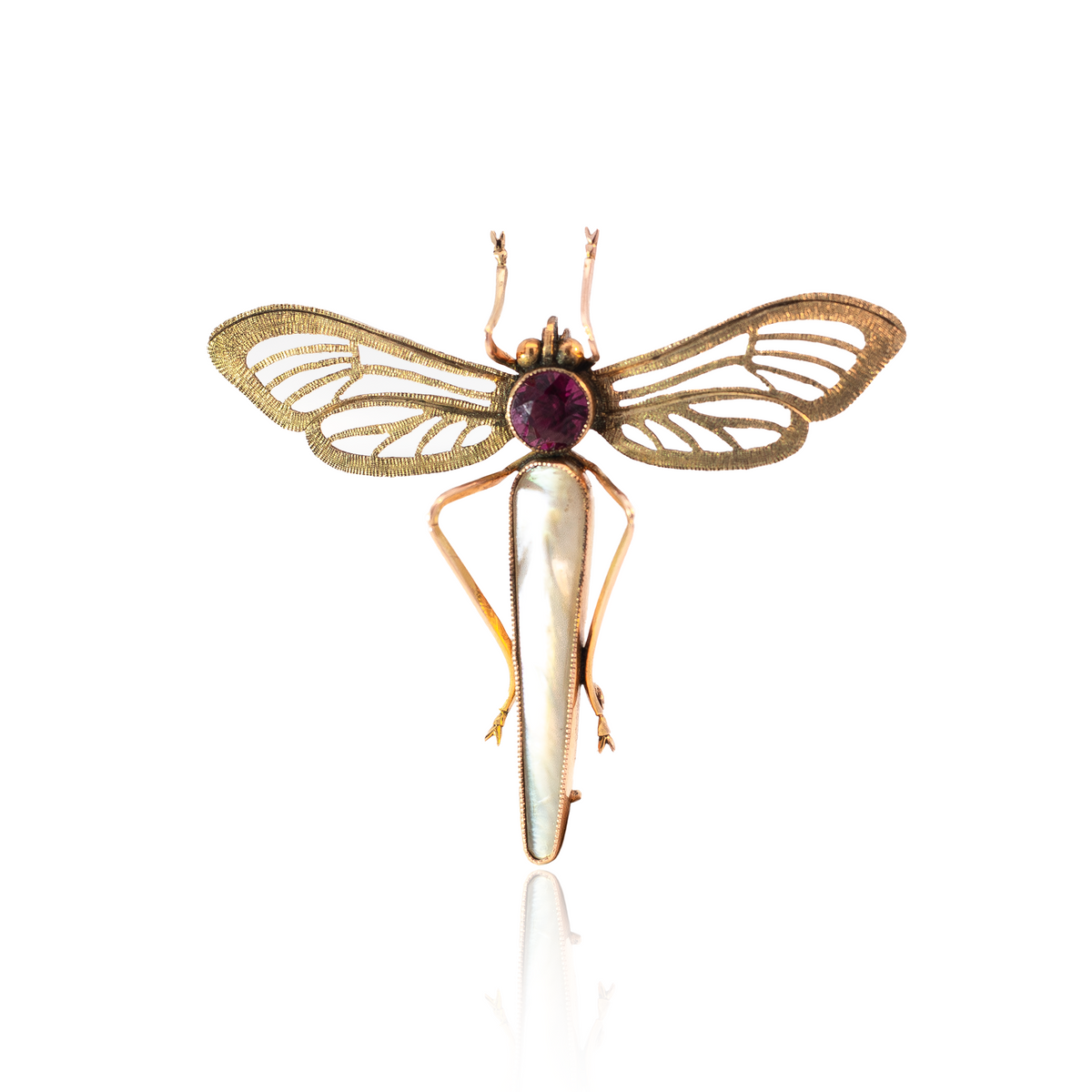 Mother of Pearl And Garnet Dragonfly Brooch