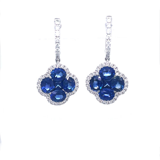3.63ct Sapphire And Diamond Quatrefoil Cluster Drop Hoop Earrings
