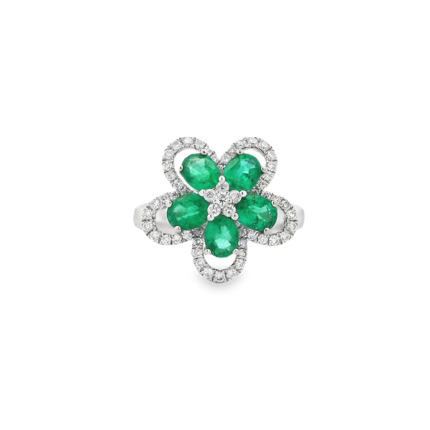 1.10ct Oval Emerald And Round Diamond Flower Shape Cluster Ring