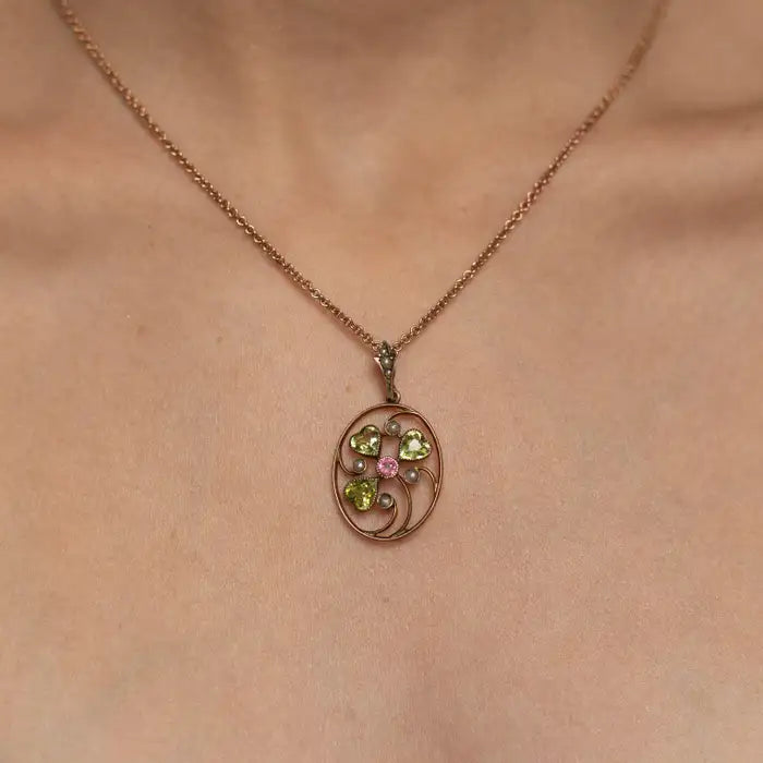 Pink Sapphire, Peridot And Seed Pearl Floral Pendant