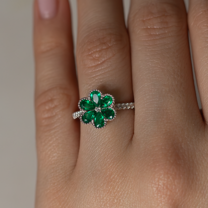 0.69ct Pear Emerald And Diamond Flower Ring