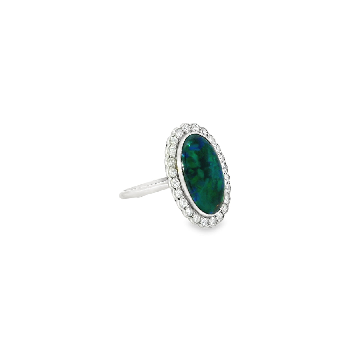 3.32ct Oval Black Opal And Round Diamond Cluster Ring