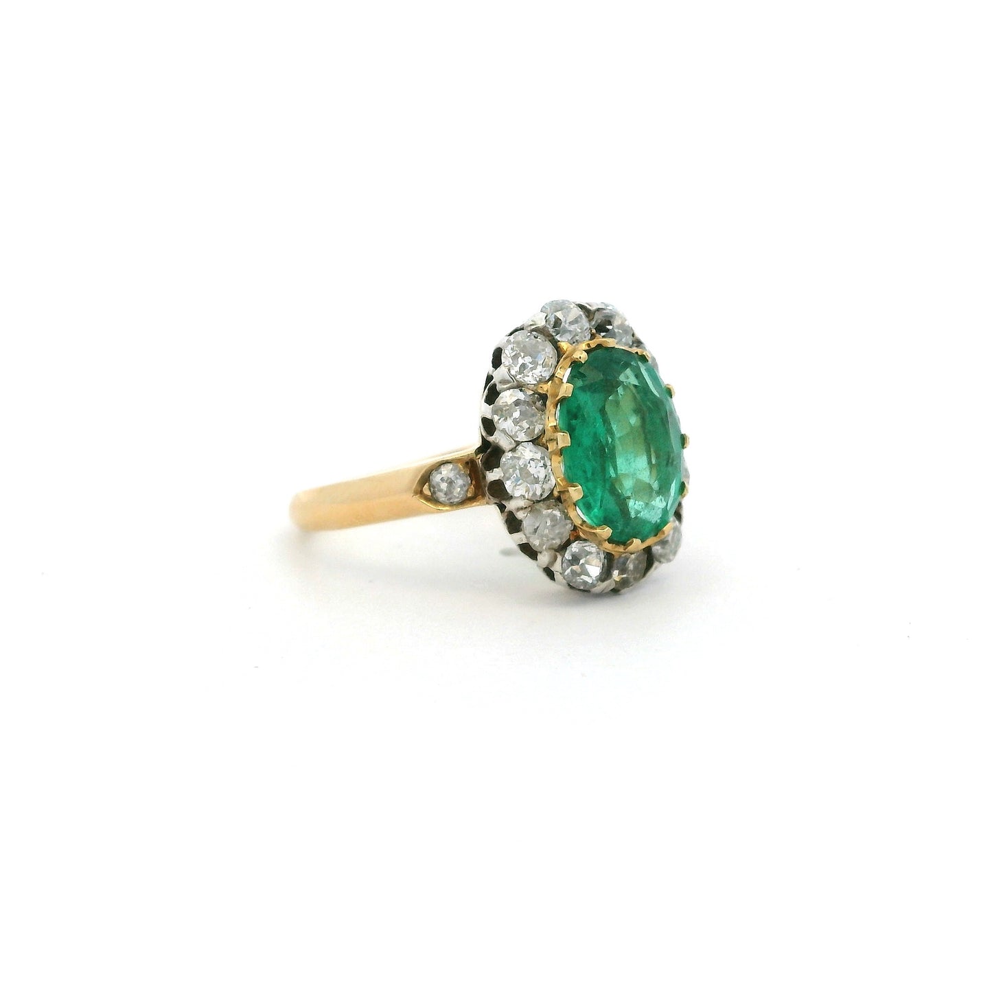 1.26ct Oval Emerald And Old Cut Diamond Cluster Ring