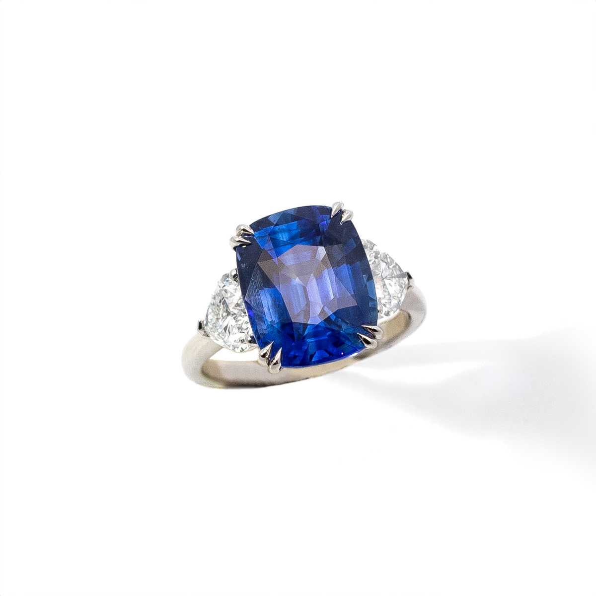 7.64ct Certified Cushion Sapphire And Heart Cut Diamond Three Stone Ring