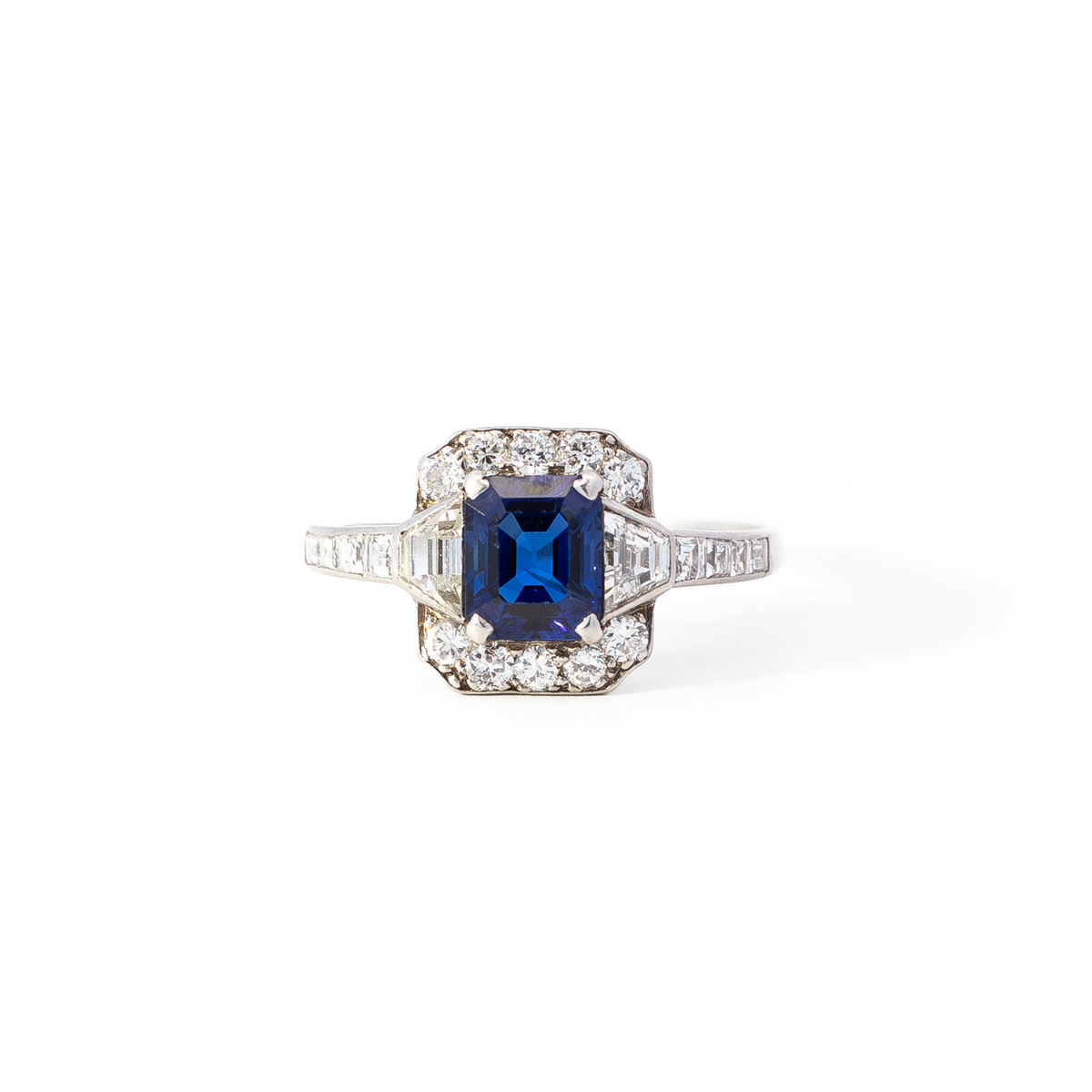 Art Deco 1.20ct Emerald Cut Sapphire and Diamond Cluster Dress Ring