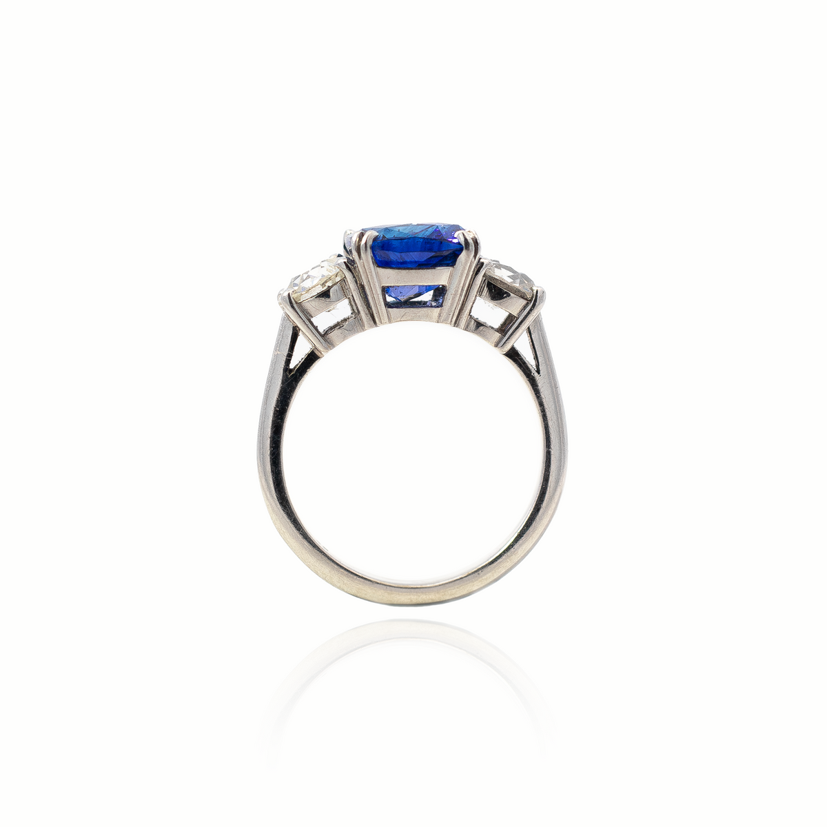 4.12ct Cushion Cut Sapphire and Round Diamond Three Stone Ring