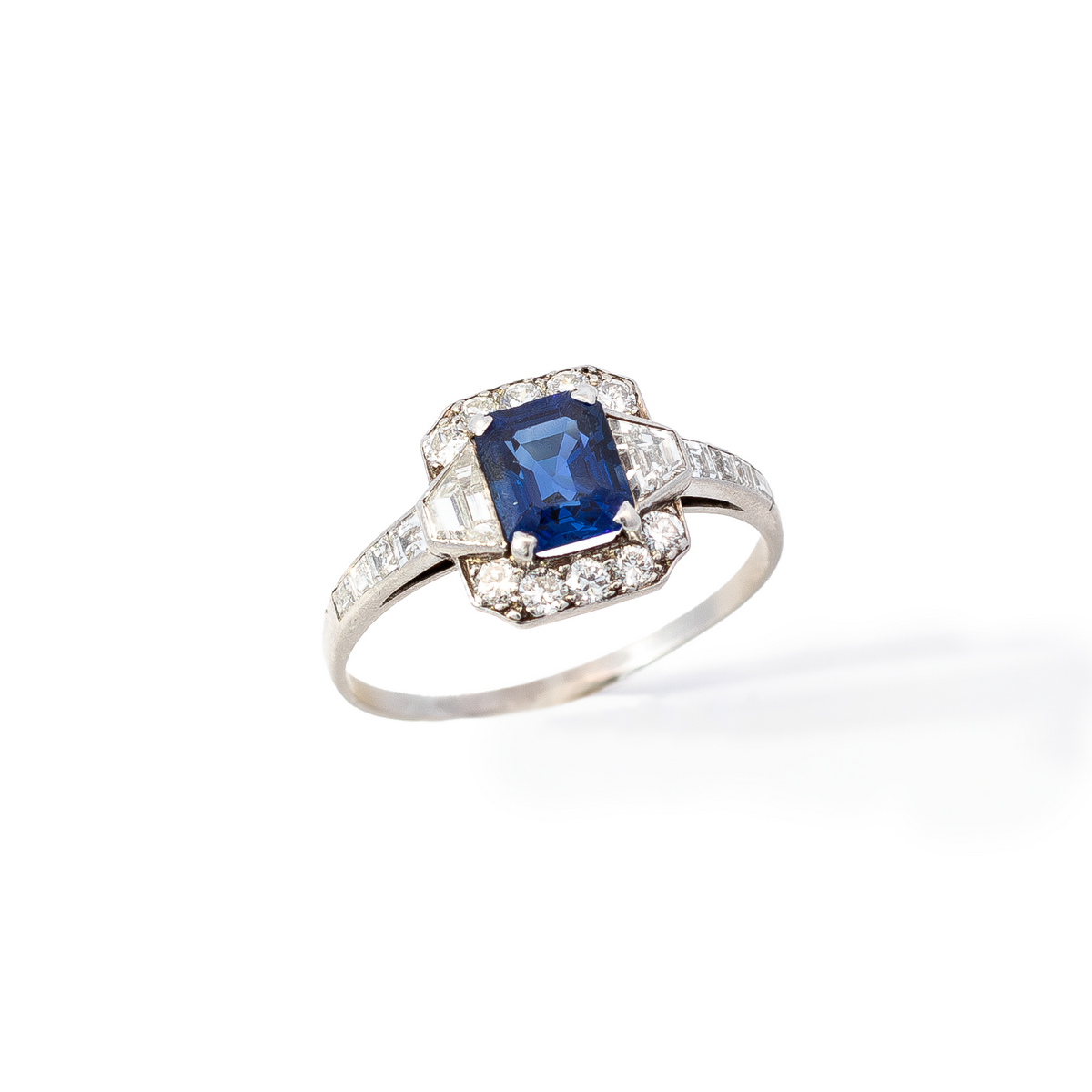 Art Deco 1.20ct Emerald Cut Sapphire and Diamond Cluster Dress Ring