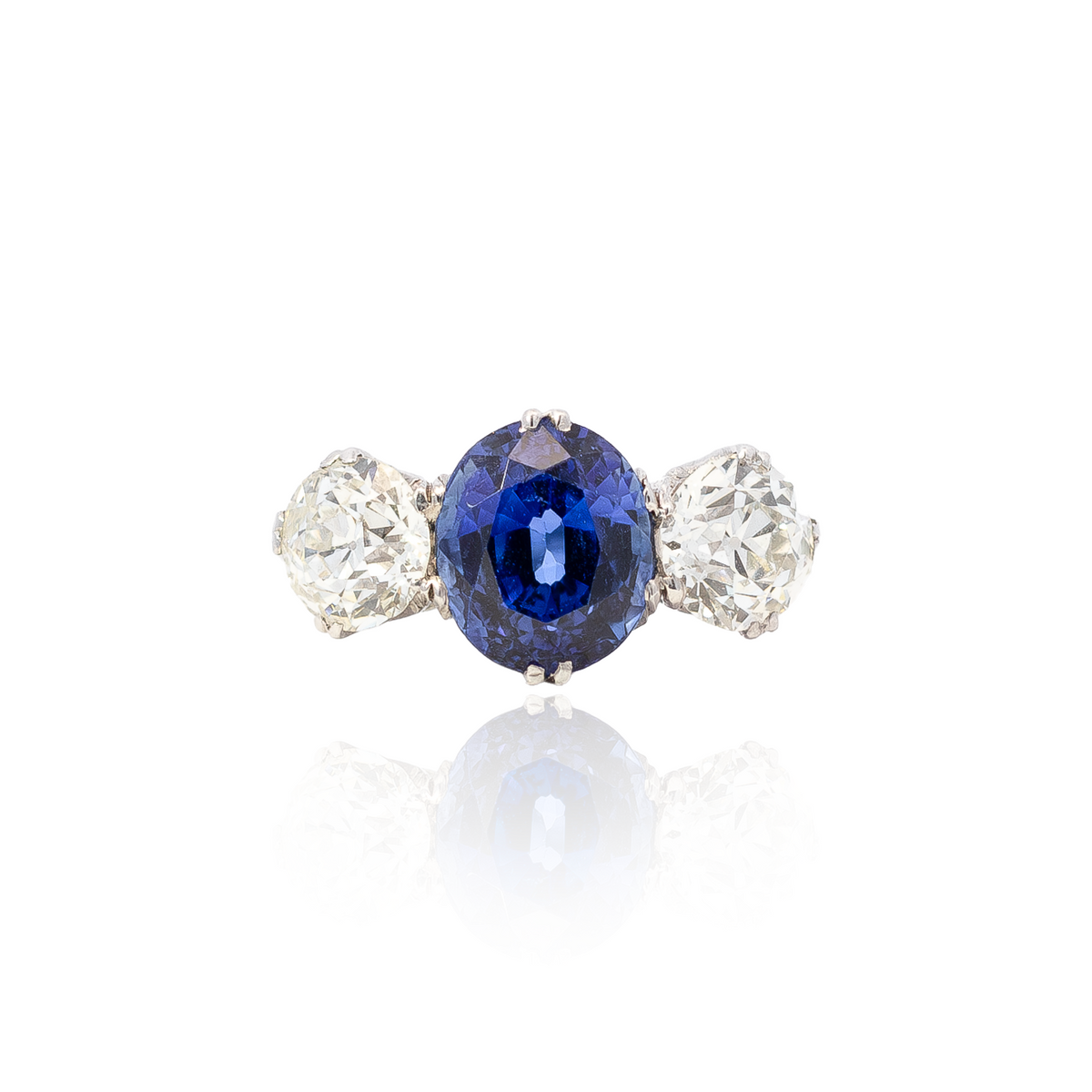 3.65ct Oval Sapphire and Round Diamond Three Stone Ring