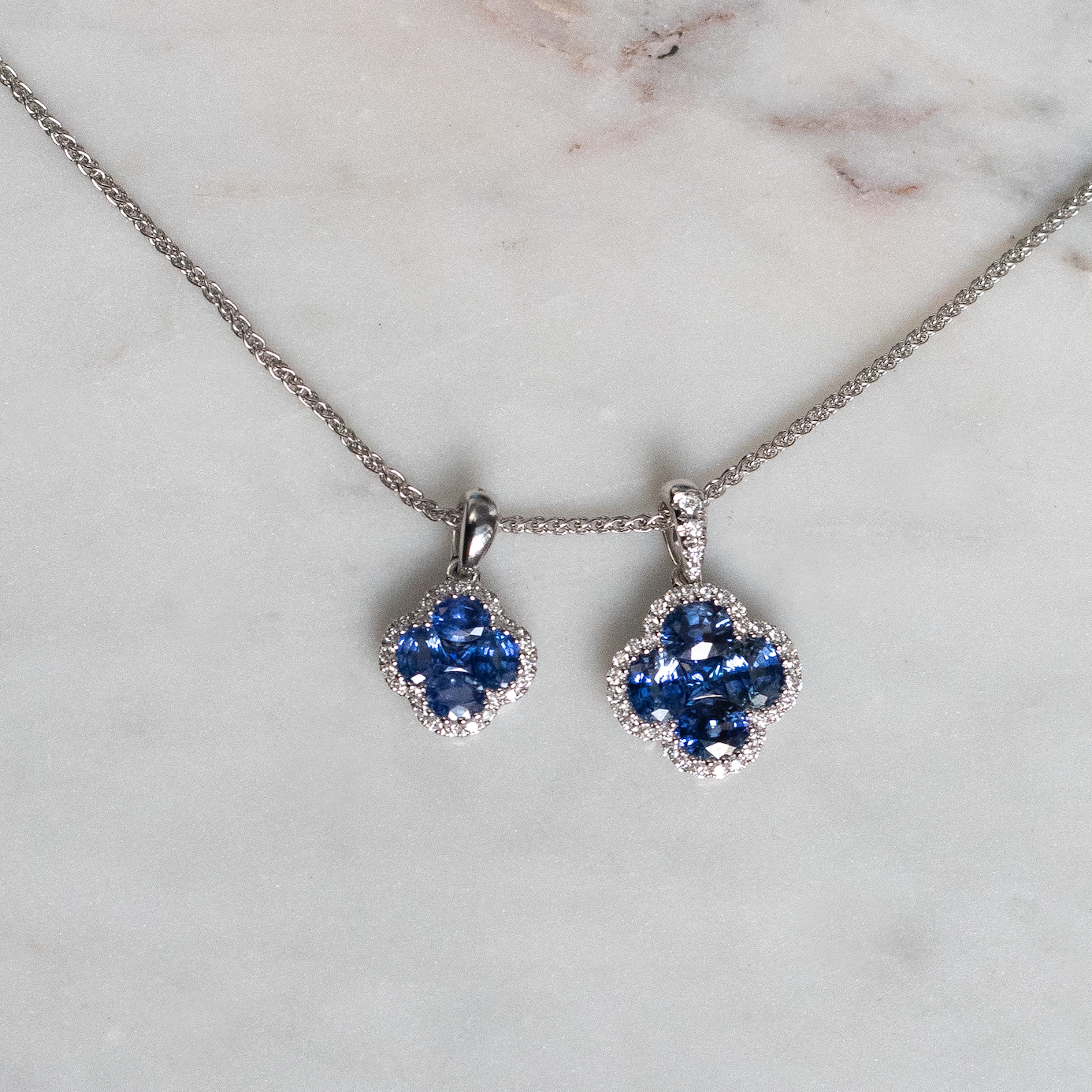 Square And Oval Cut Sapphire And Diamond Qautrefoil Cluster Pendant