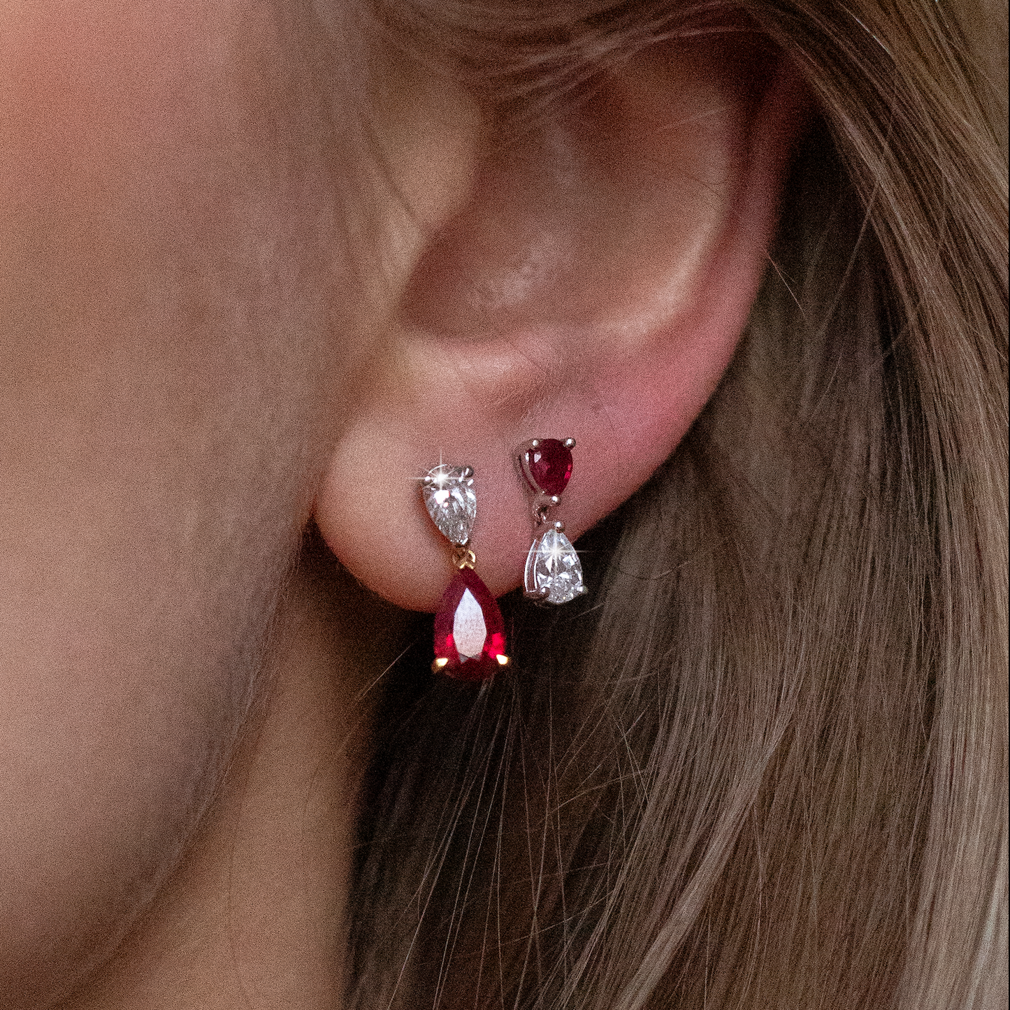 Pear On Pear Ruby and Diamond Drop Earrings