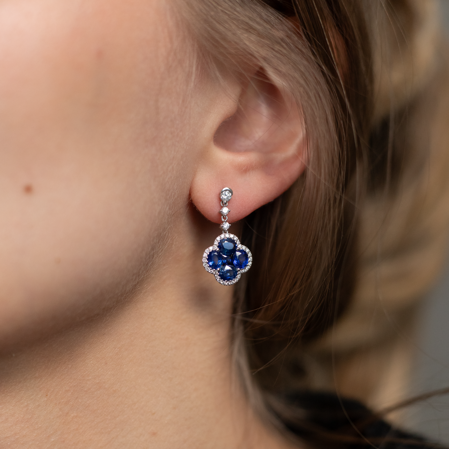 3.71ct Sapphire And Diamond Cluster Quatrefoil Drop Earrings