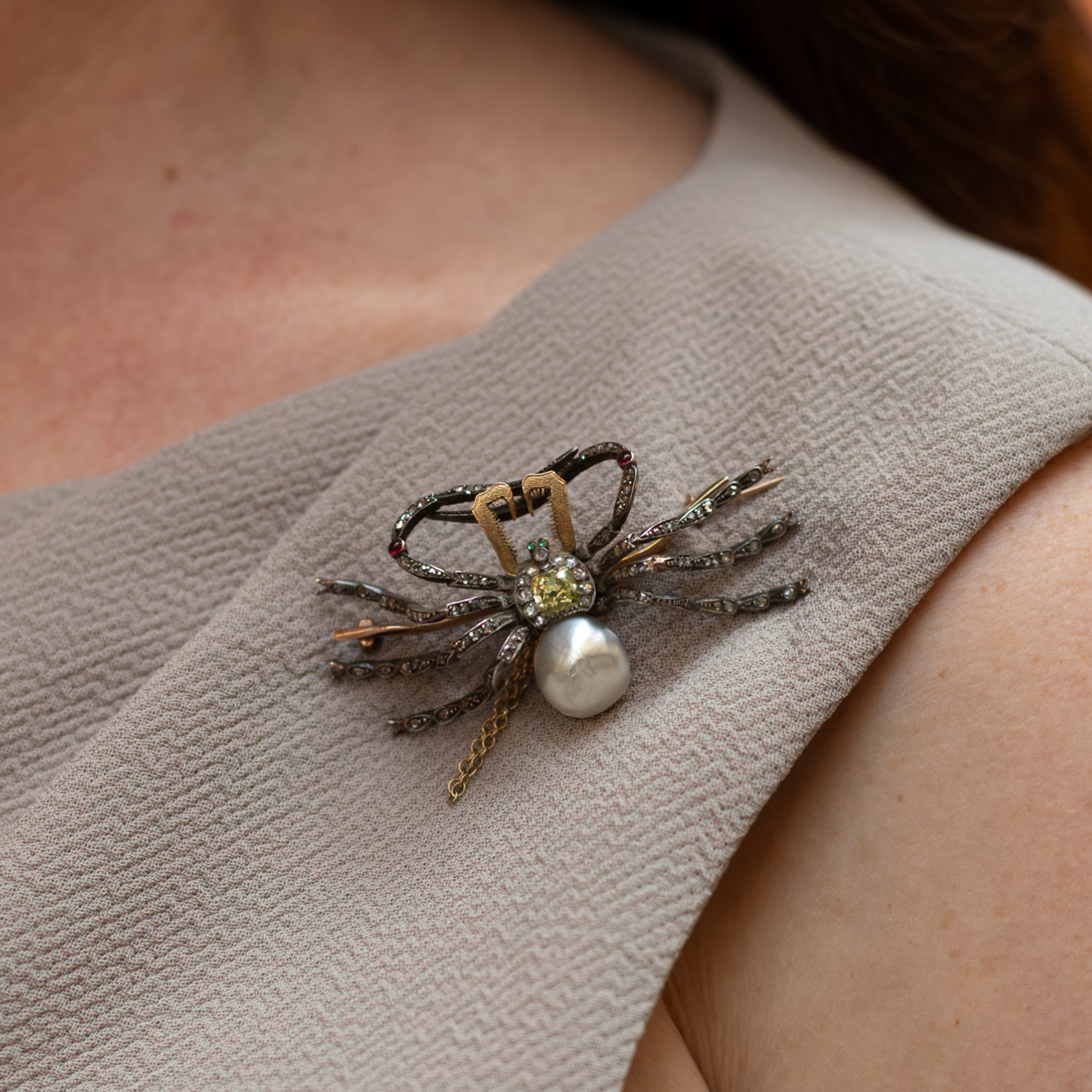 Antique Yellow Diamond And Pearl Spider Brooch