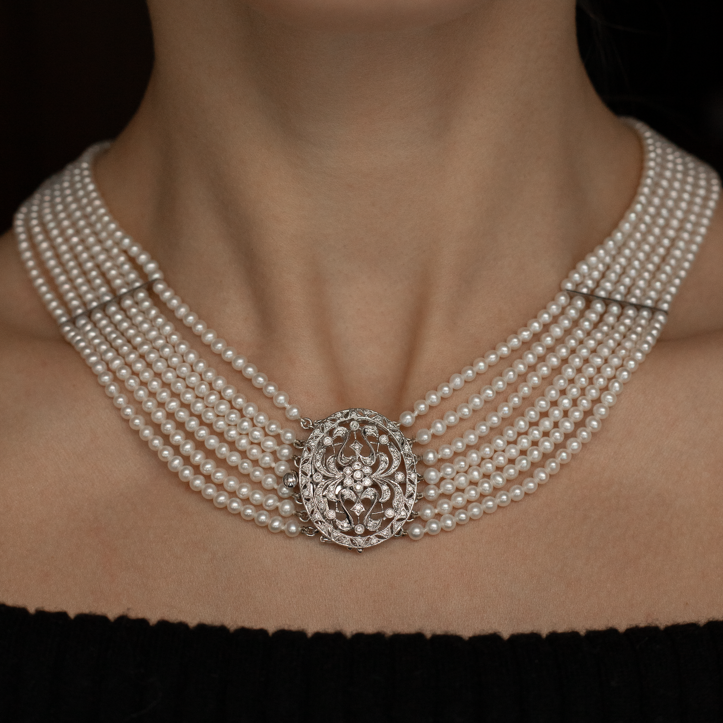 Seven Row Pearl And Diamond Choker Necklace