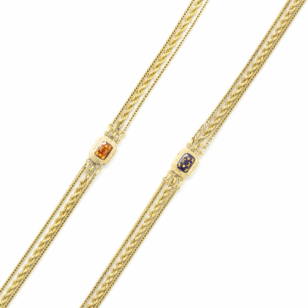 Antique French Yellow Gold And Enamel Spacers Three Row Long Chain Necklace