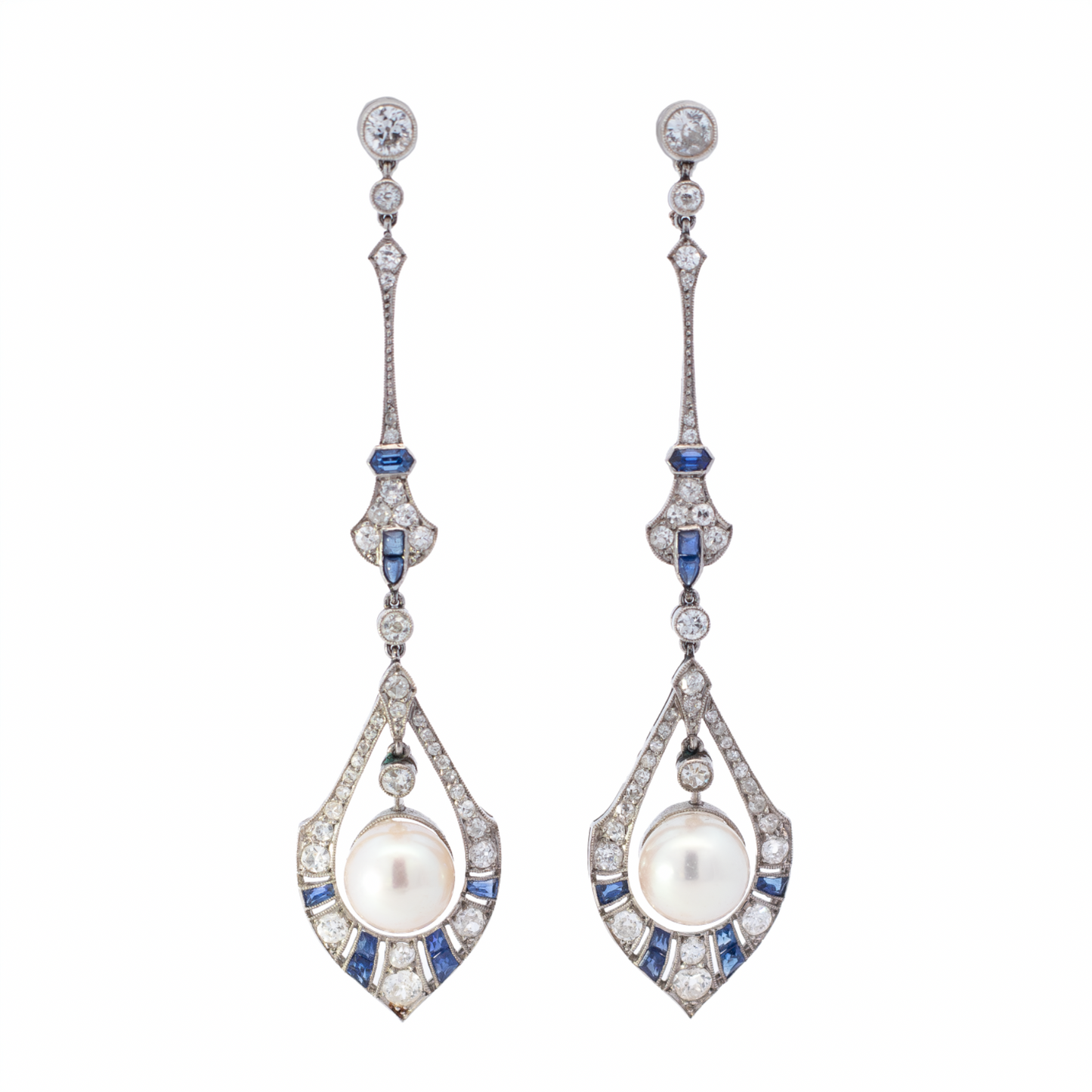 Antique Pearl Drop Earrings with sapphire and diamonds