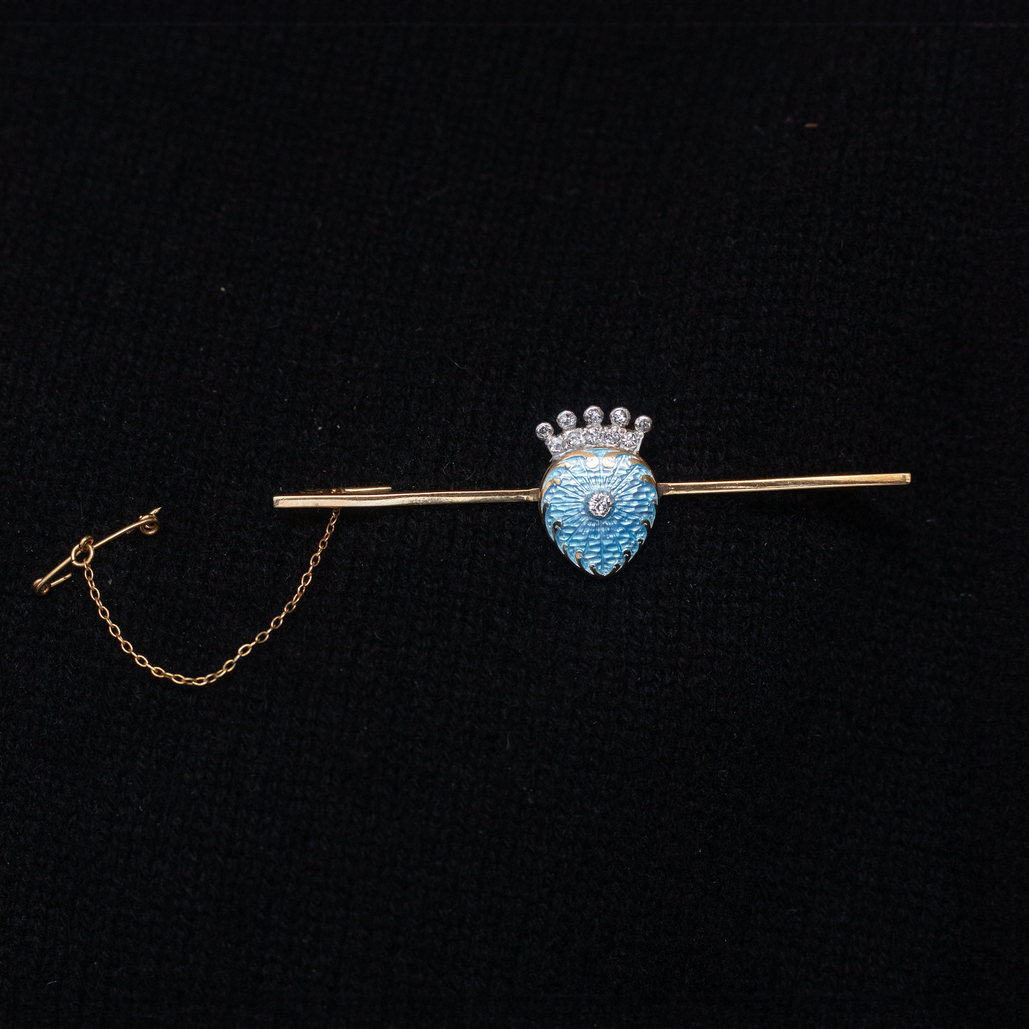 Yellow Gold Guilloché Enamel and Diamond Heart Shaped Bar Brooch