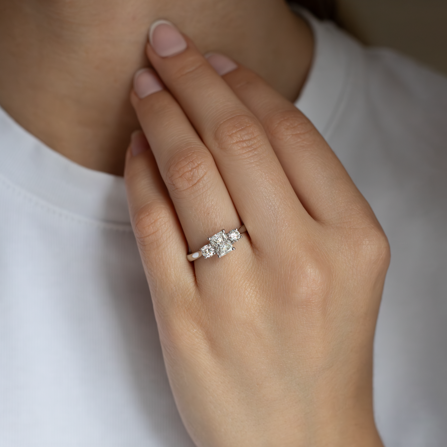 Certified 0.83ct Cushion Cut Diamond And Round Diamond Three Stone Ring