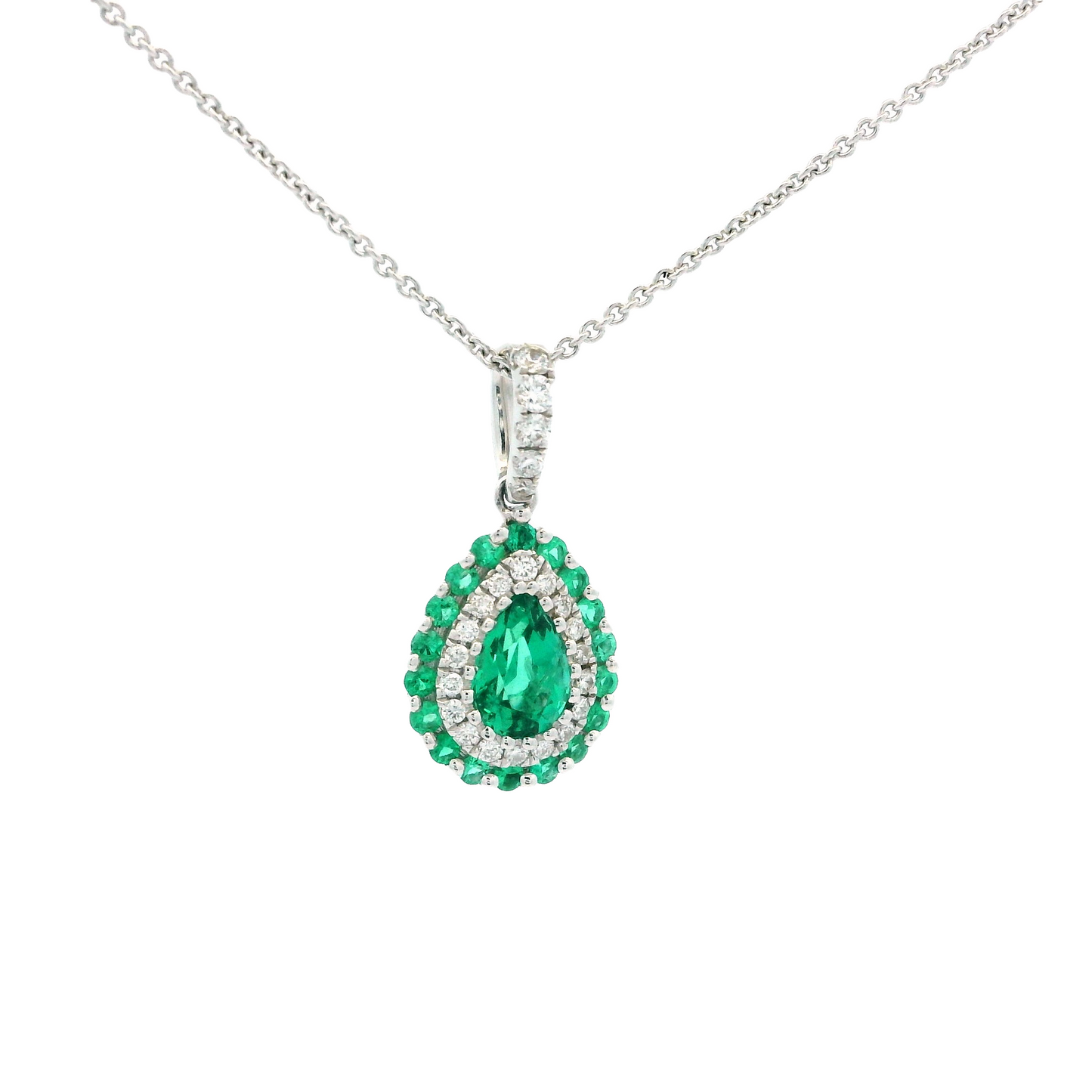 0.50ct Pear Cut Emerald And Diamond Double Cluster Pendant