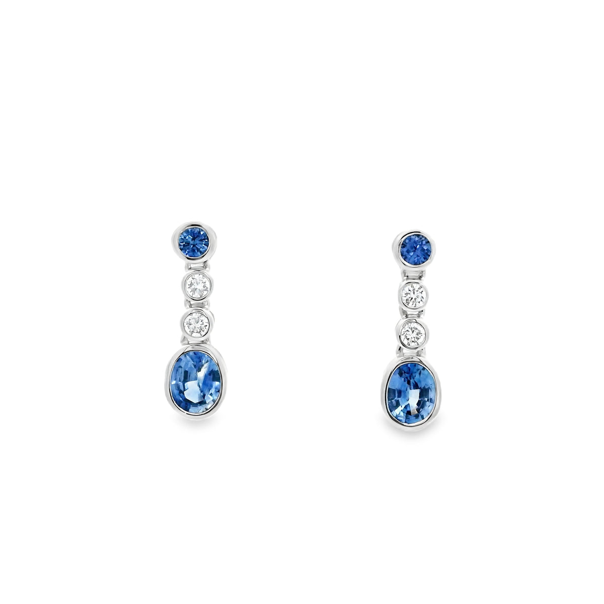 1.20ct Oval And Round Sapphire With Round Diamonds Drop Earrings