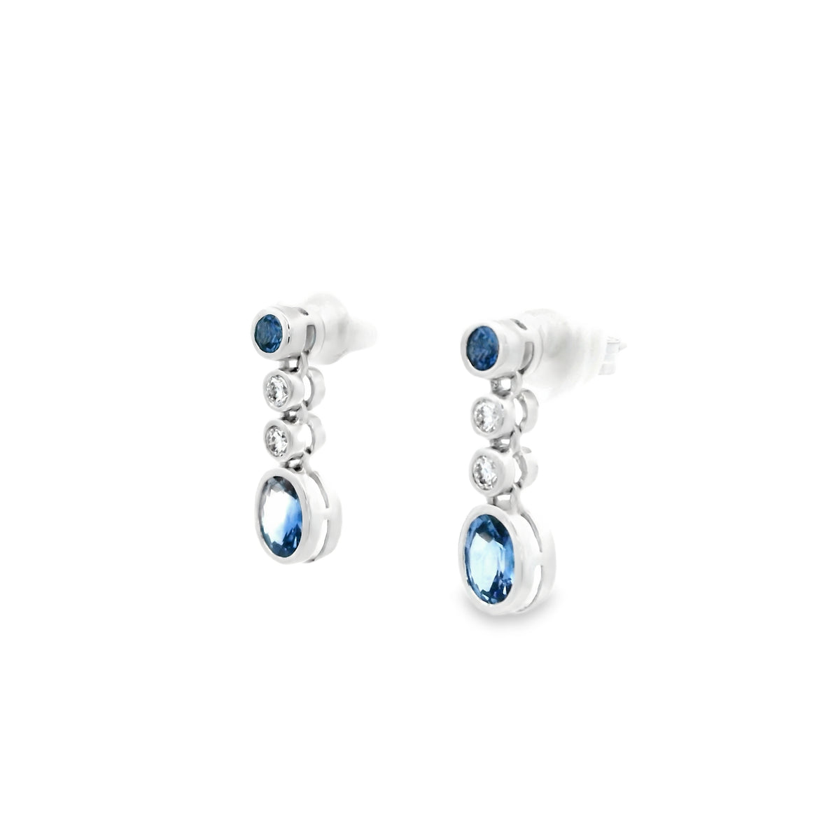 1.20ct Oval And Round Sapphire With Round Diamonds Drop Earrings