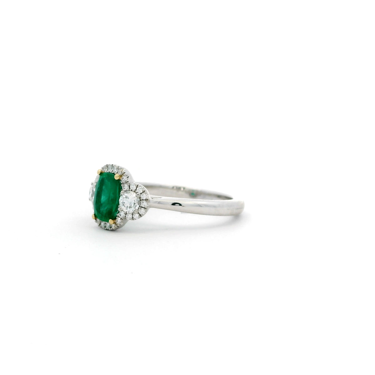 0.75ct Cushion Emerald And Round Diamond Cluster Three Stone Ring