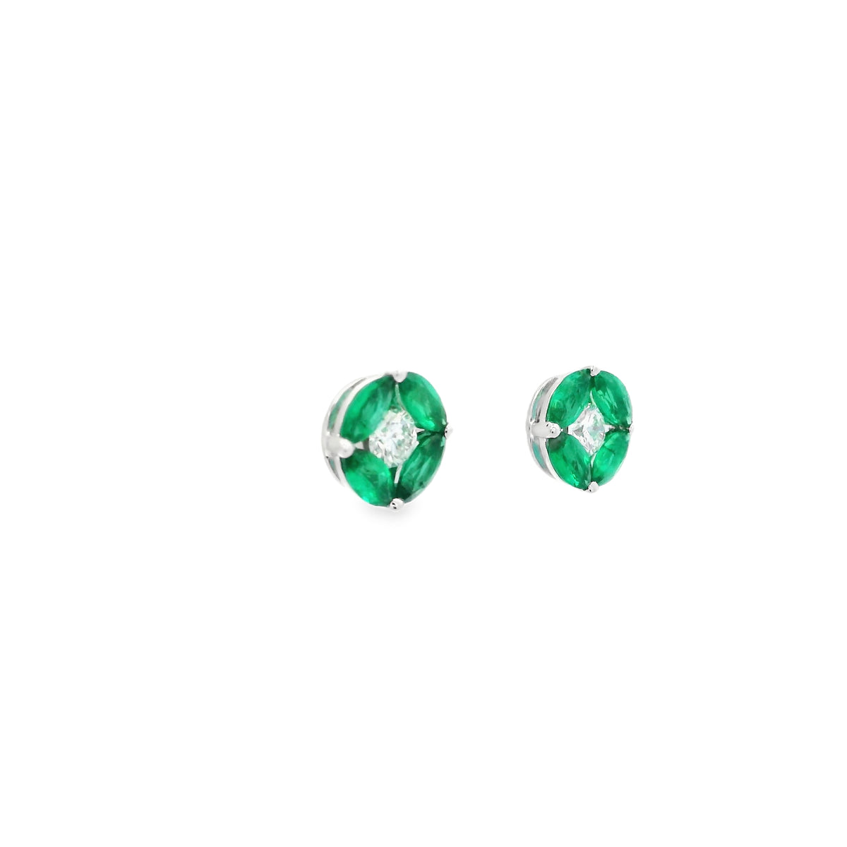 Marquise Emerald And Diamond Round Stud Earrings