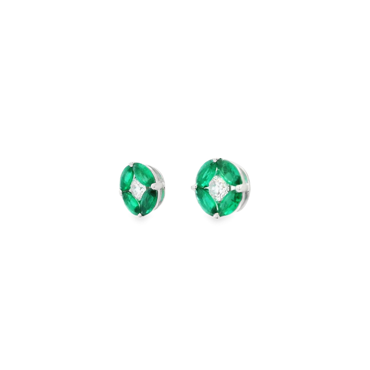 Marquise Emerald And Diamond Round Stud Earrings