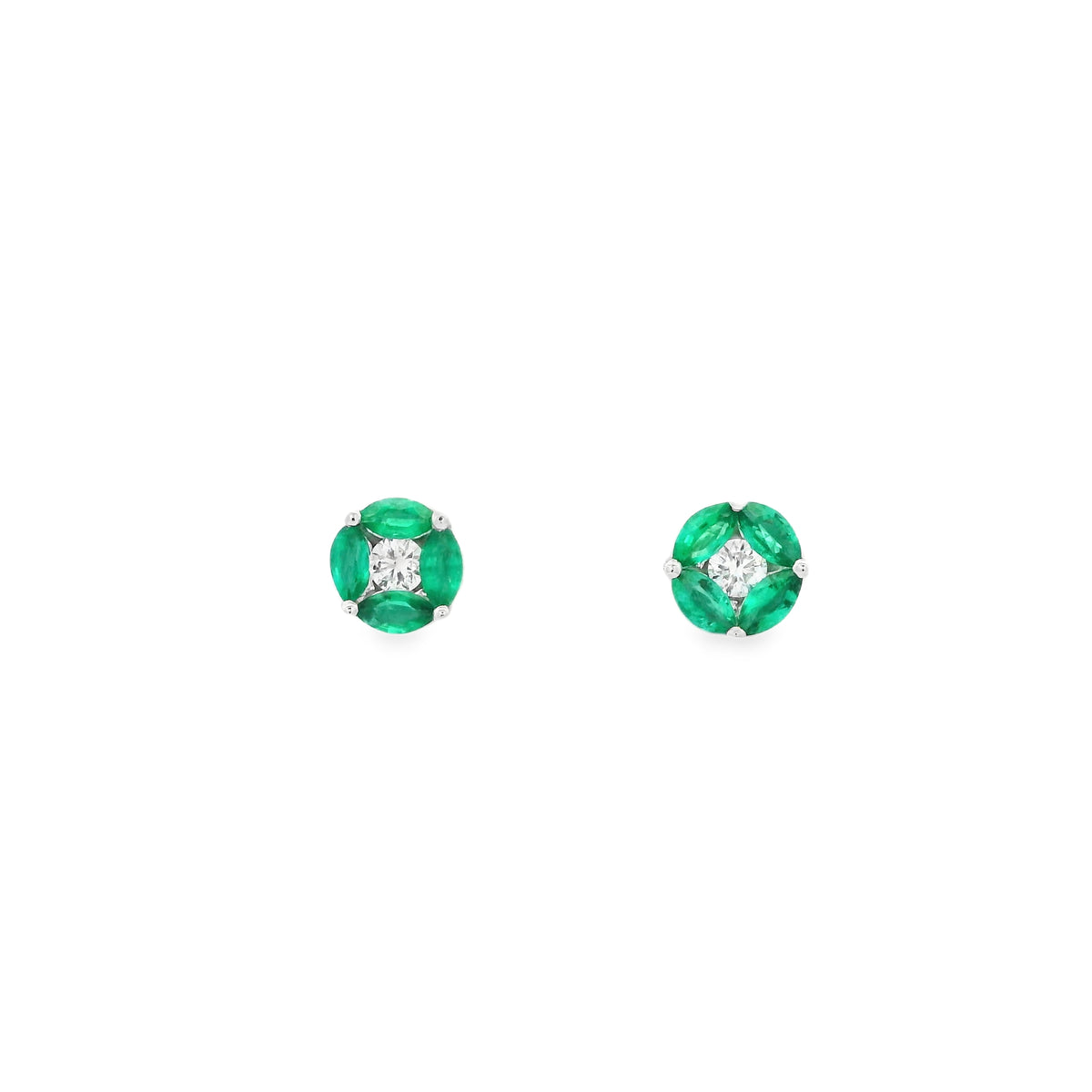 Marquise Emerald And Diamond Round Stud Earrings