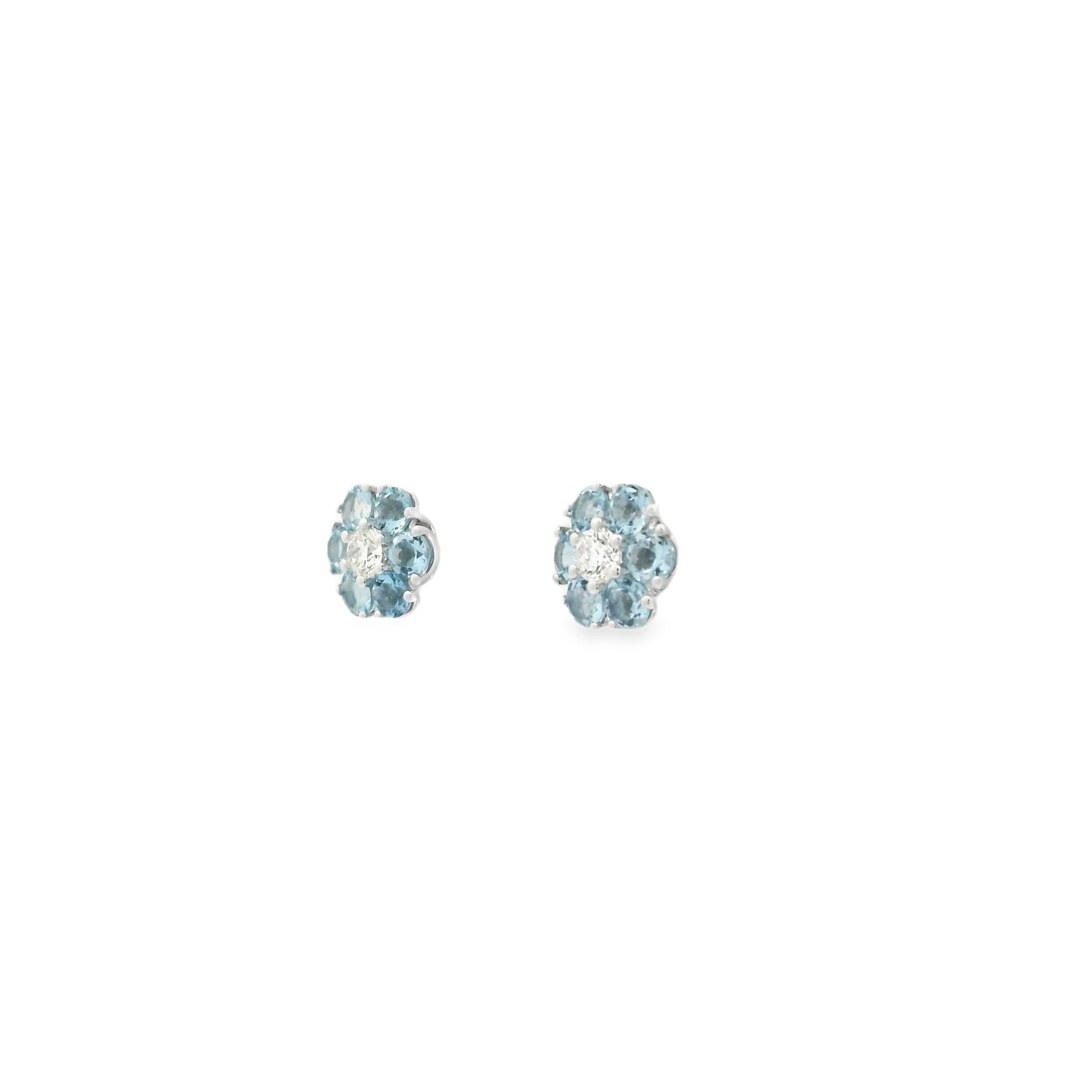 0.70ct Round Aquamarine and Diamond Flower Cluster Earrings