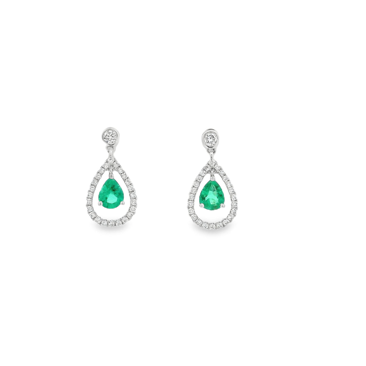 0.54ct Pear Cut Emerald And Round Diamond Drop Earrings