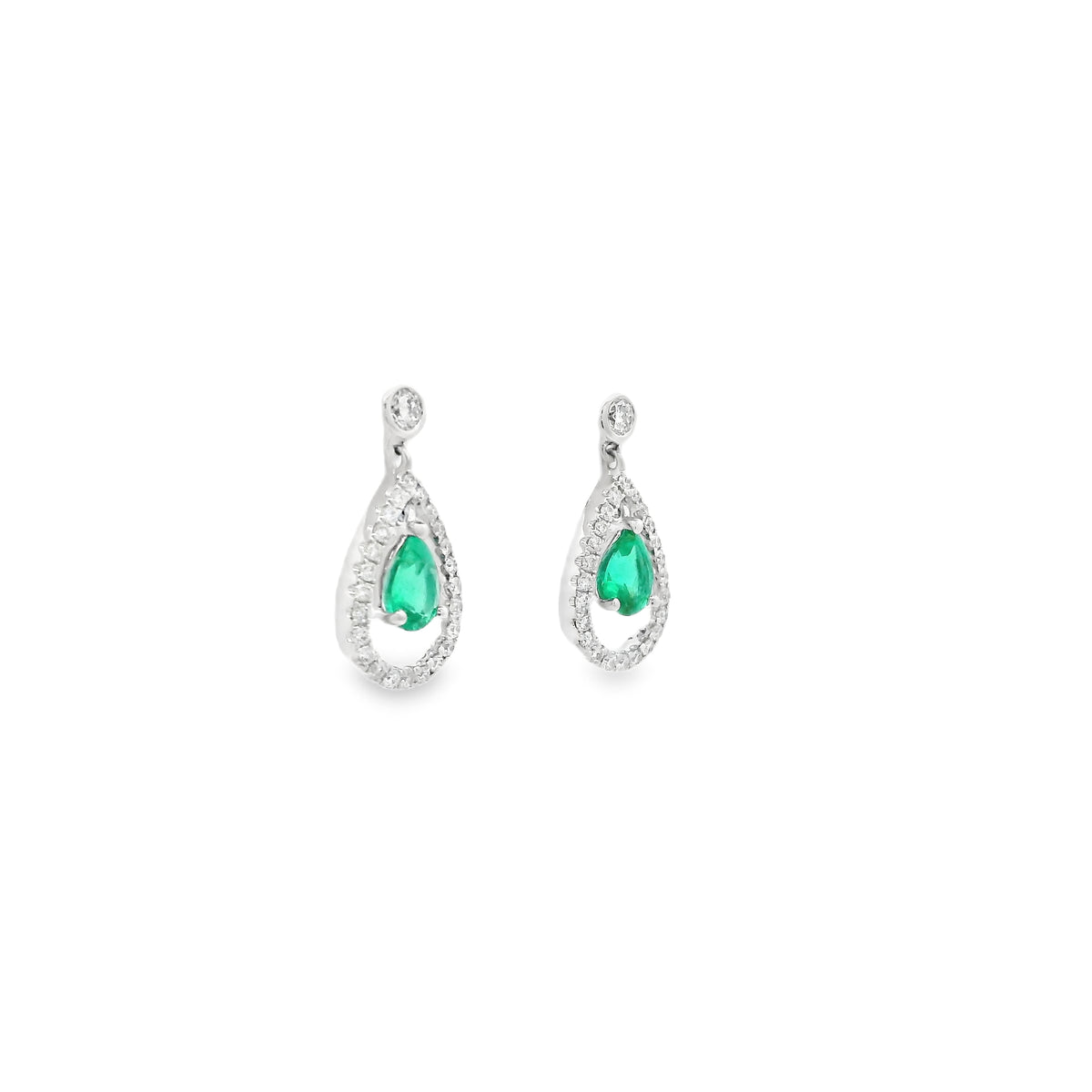0.54ct Pear Cut Emerald And Round Diamond Drop Earrings