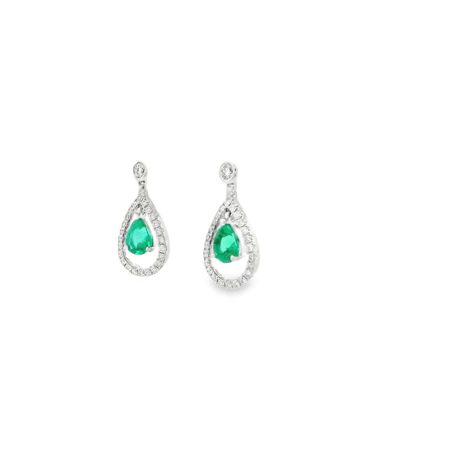 0.54ct Pear Cut Emerald And Round Diamond Drop Earrings